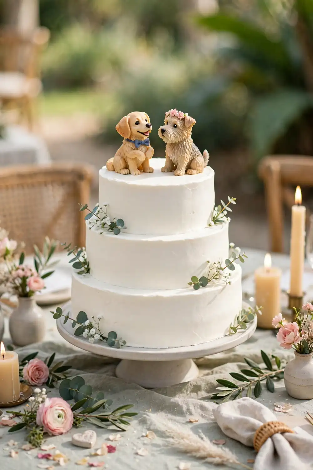 White wedding cake with quirky pet figurine topper