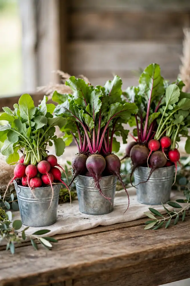 Radishes and beets in tin buckets