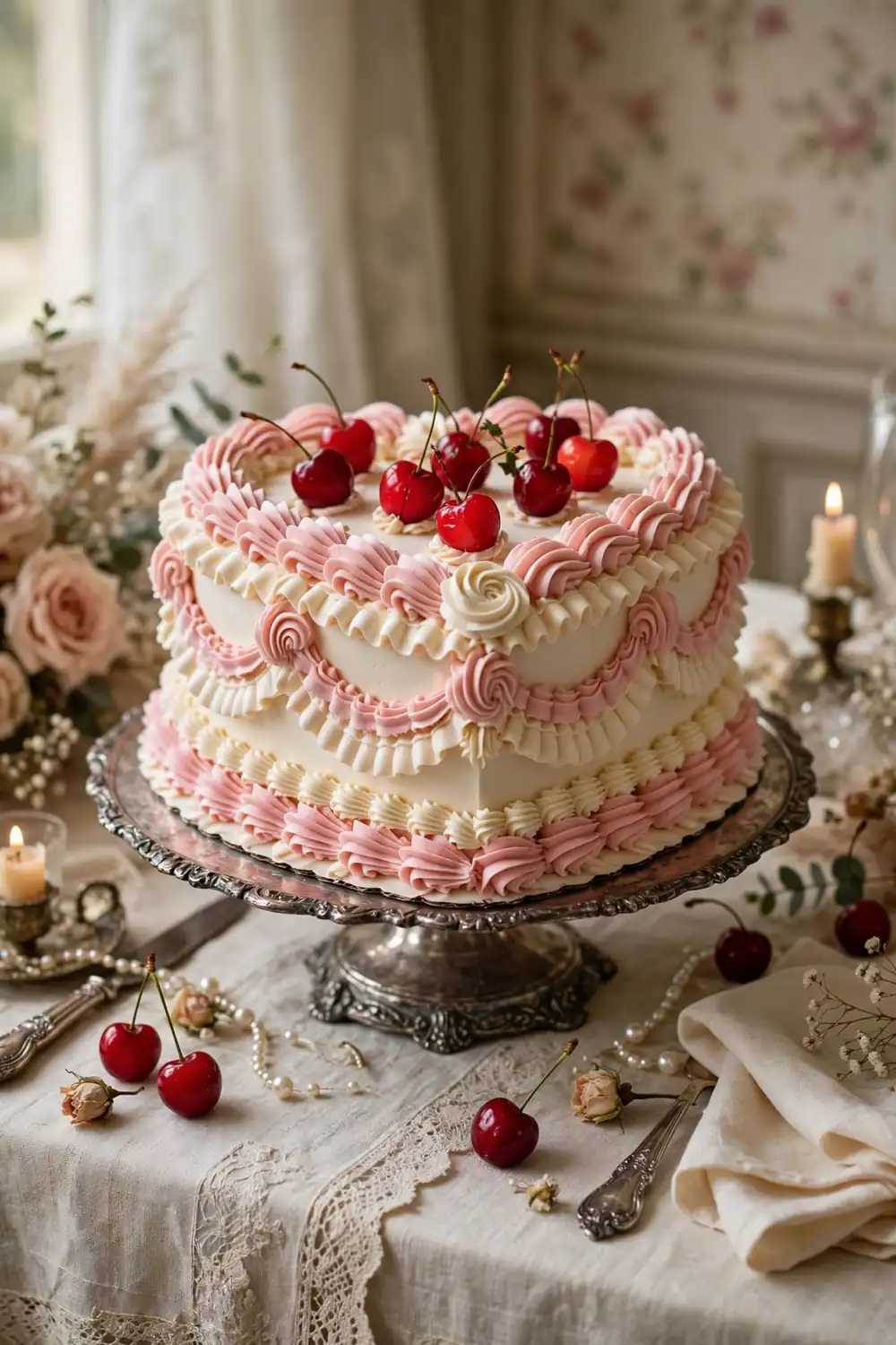 Retro ruffled heart-shaped wedding cake in pink and cream