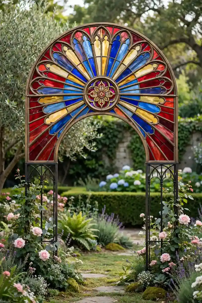 Round rose-window style stained glass wedding arch like a cathedral window