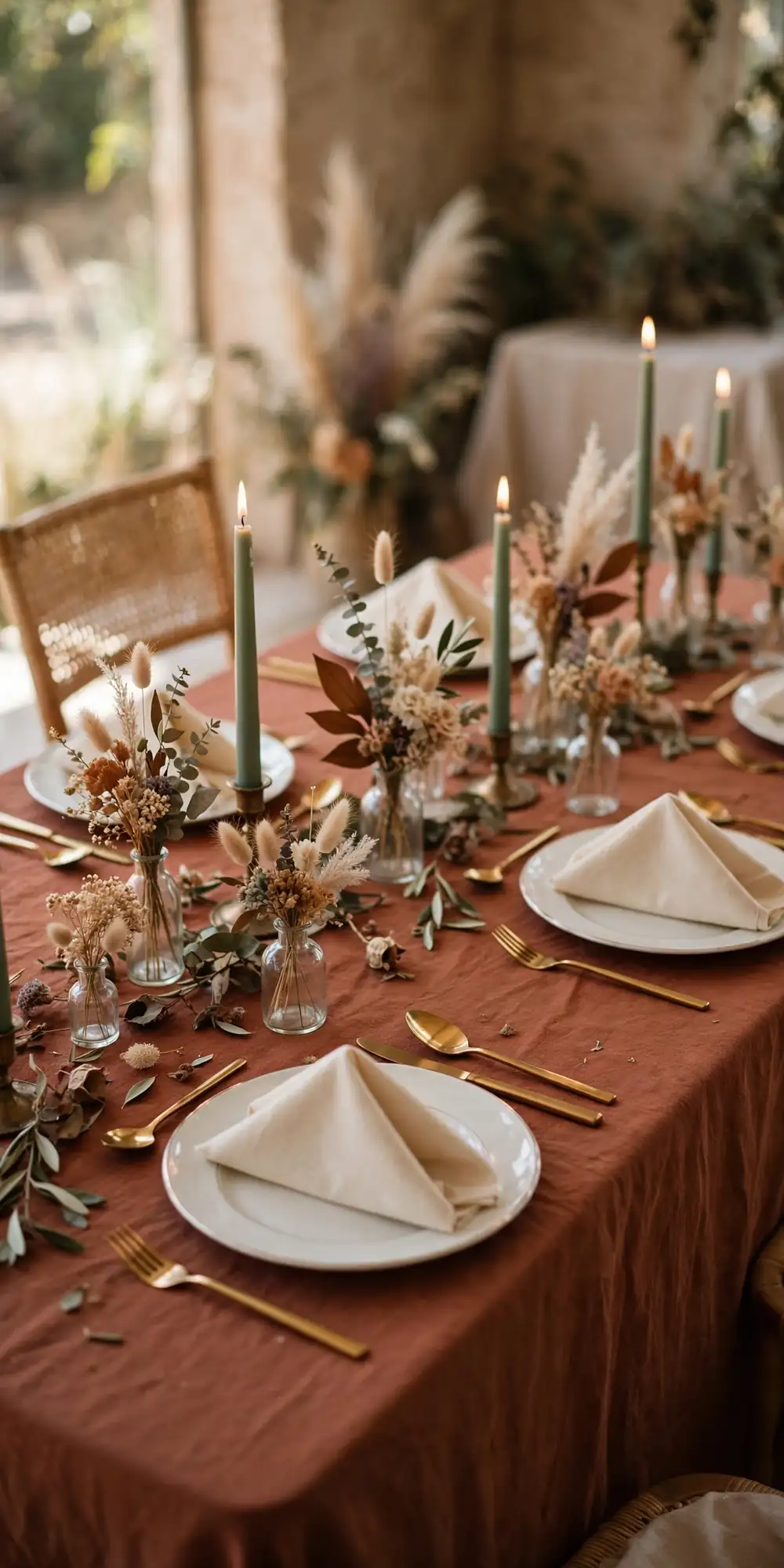 Rust-colored linen tablecloth with cream napkins and candles at a wedding reception