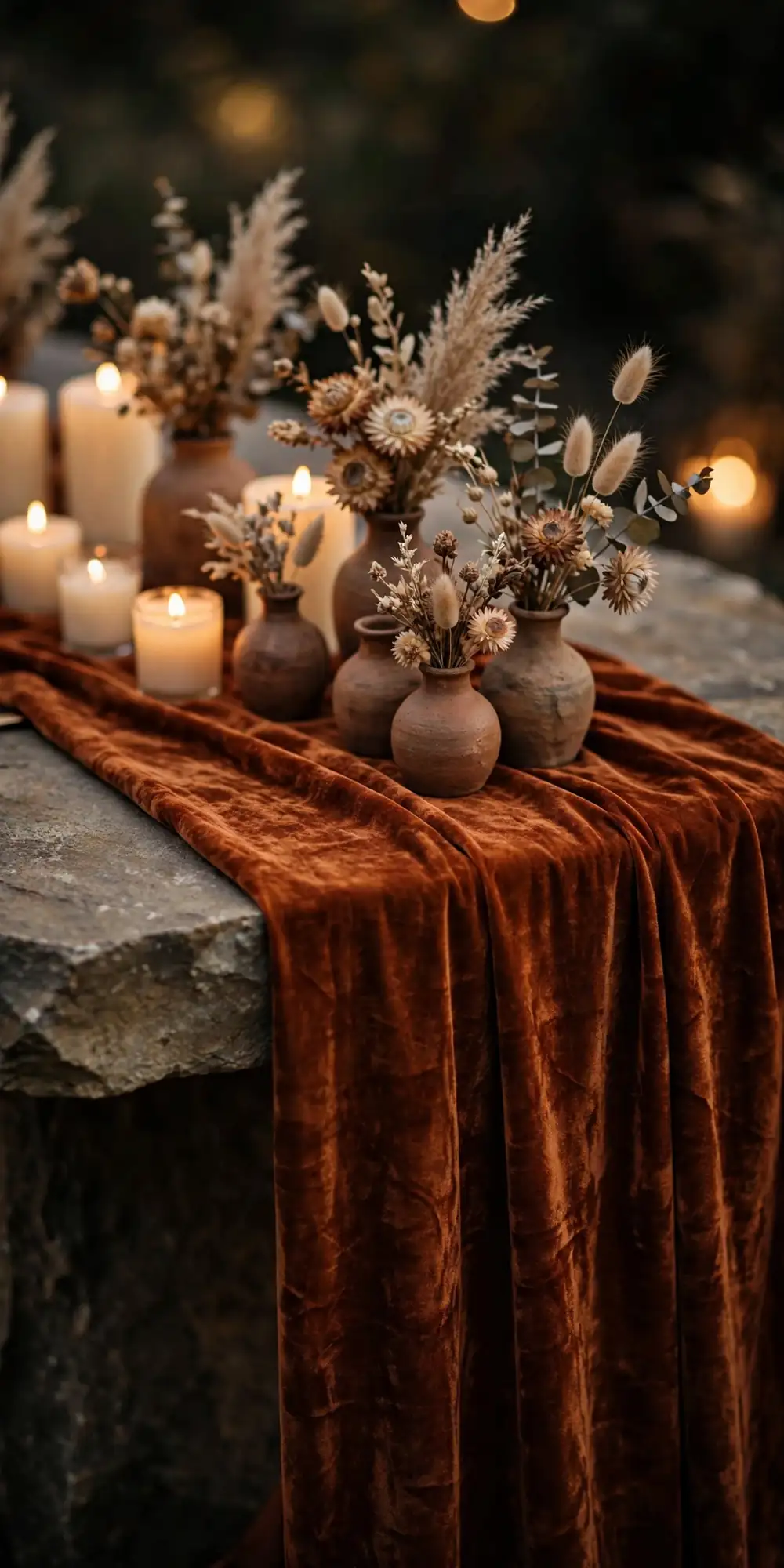 Rust velvet table runner draped over a raw stone wedding table with candles