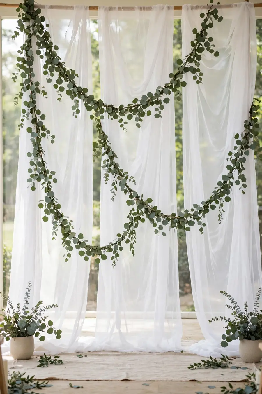 Sheer panels with eucalyptus garland