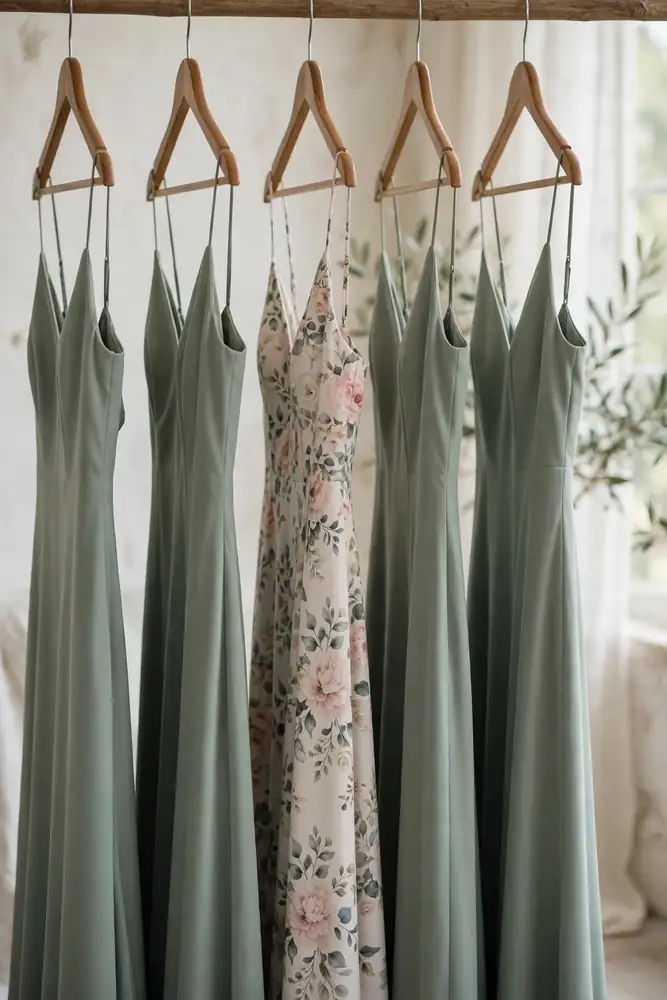Solid bridesmaid dresses plus one patterned dress
