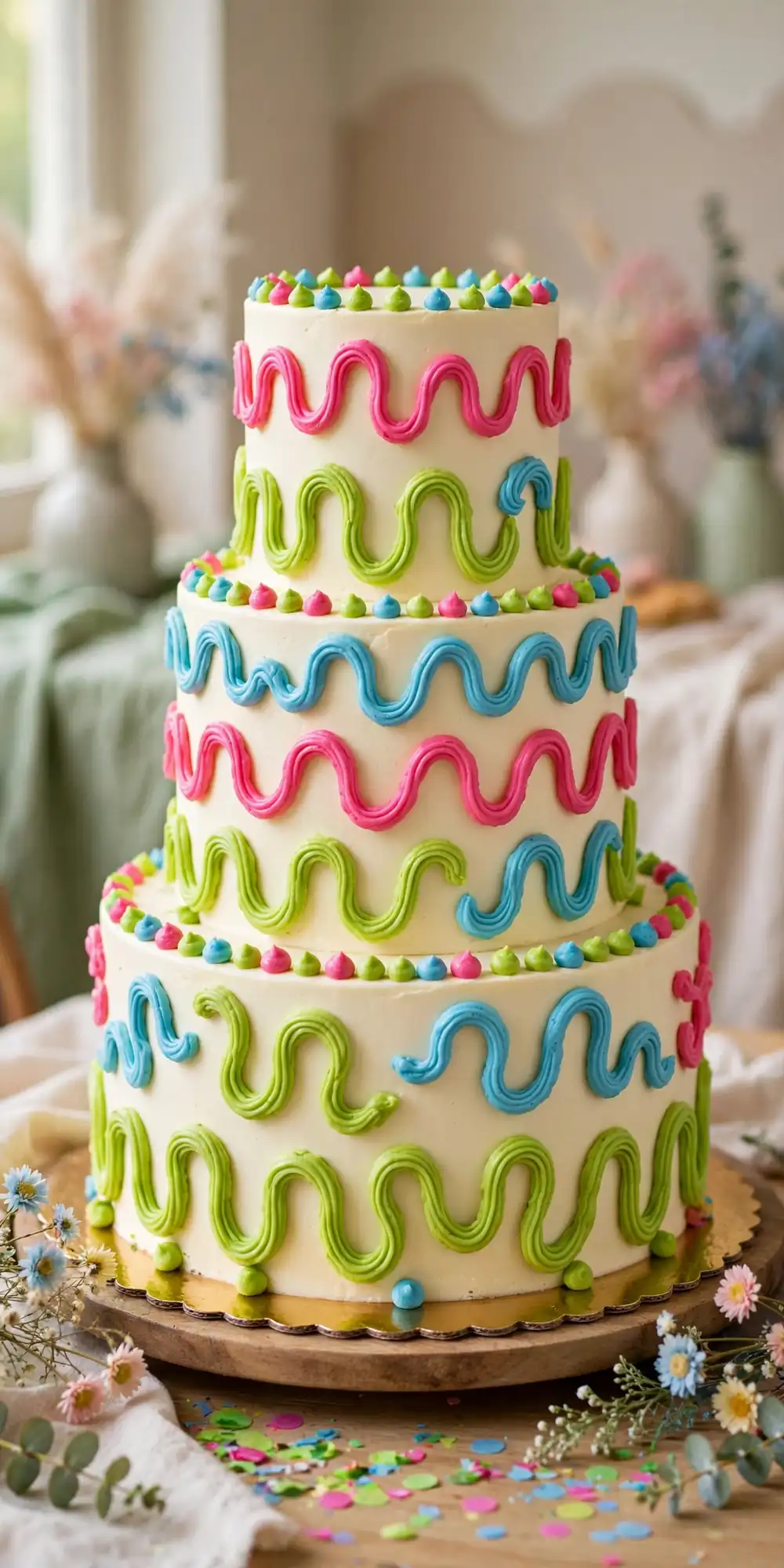Wedding cake with wavy colorful squiggle piping