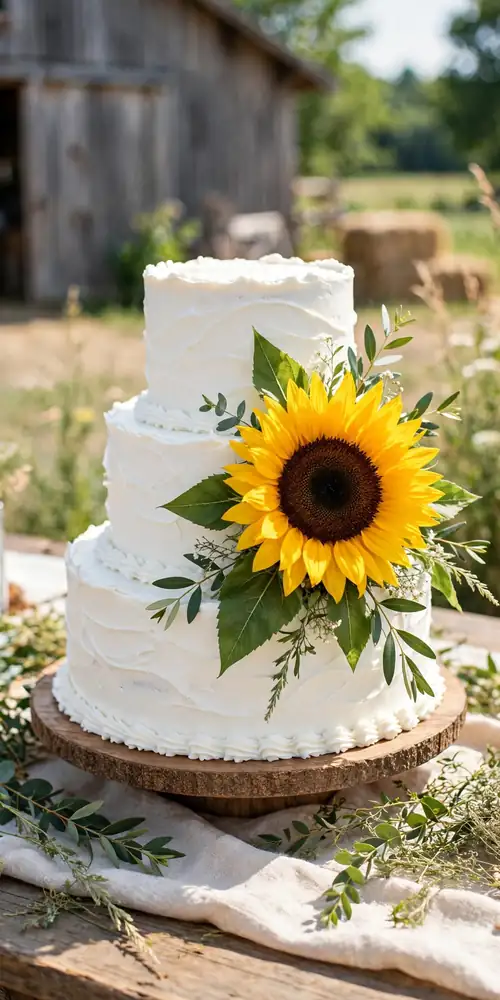 Wedding cake with a bold fresh sunflower