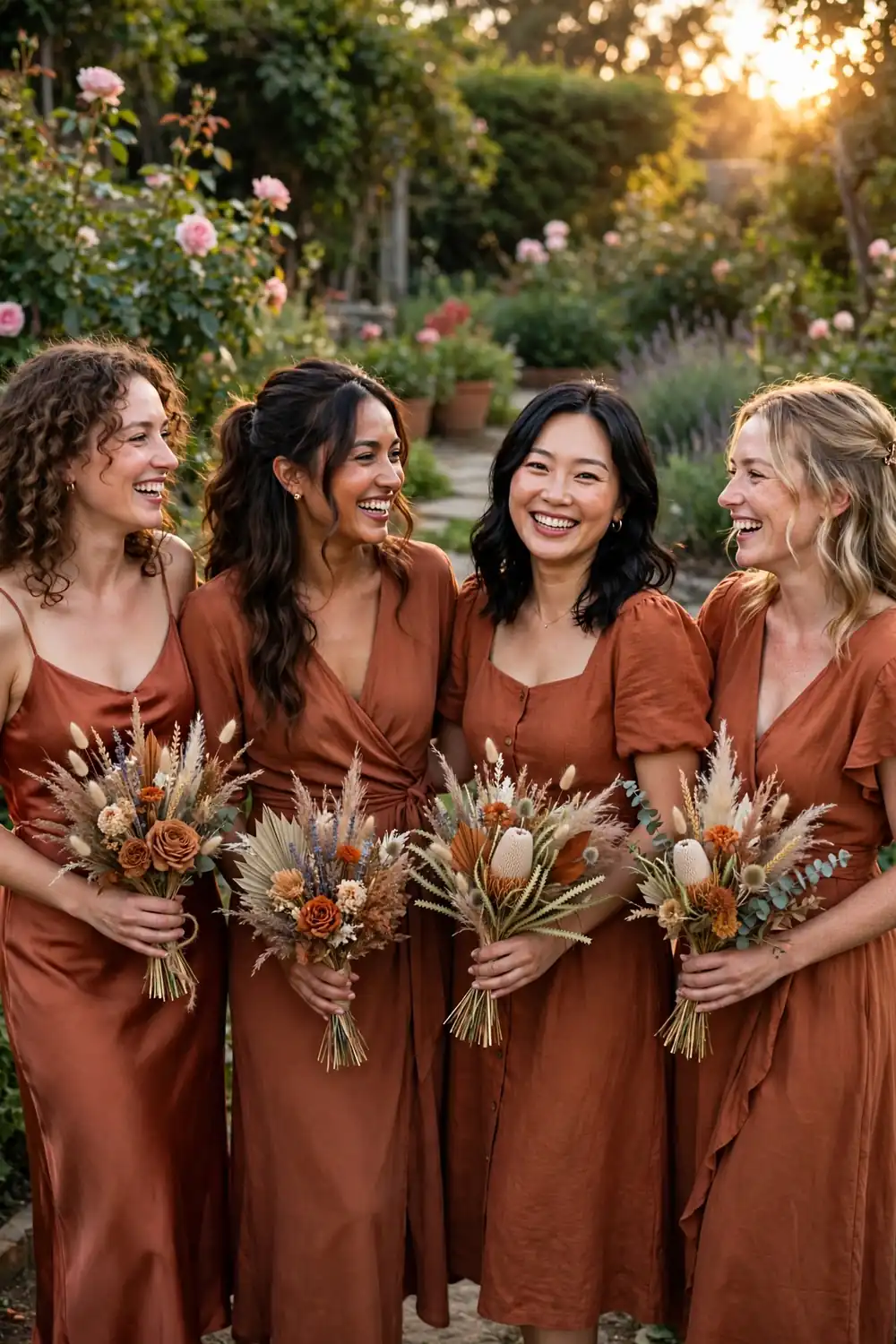 Bridesmaids in muted rust terracotta dresses in mixed styles holding dried flower bouquets