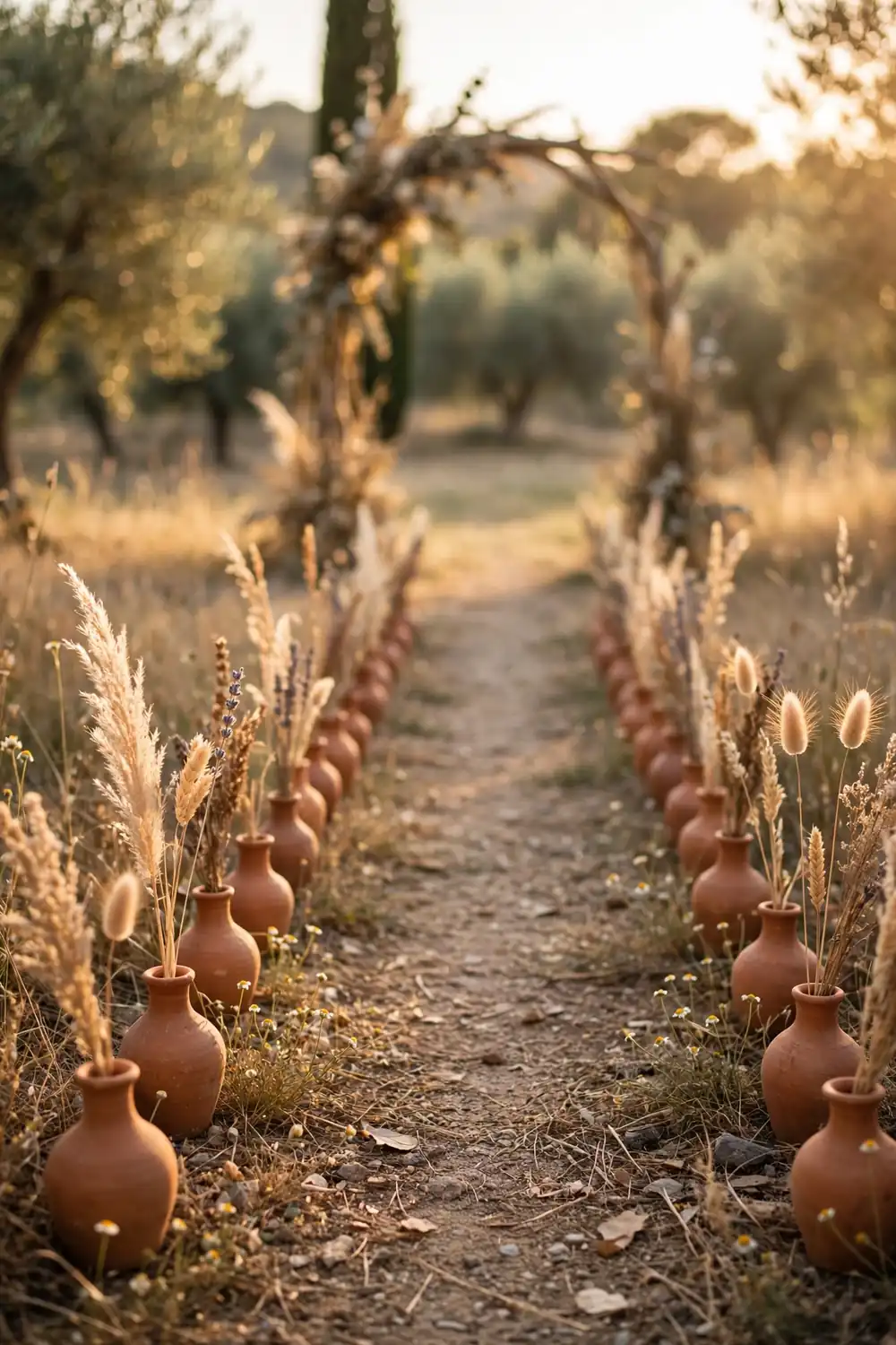 Small terracotta bud vases with single stems lining a wedding ceremony aisle