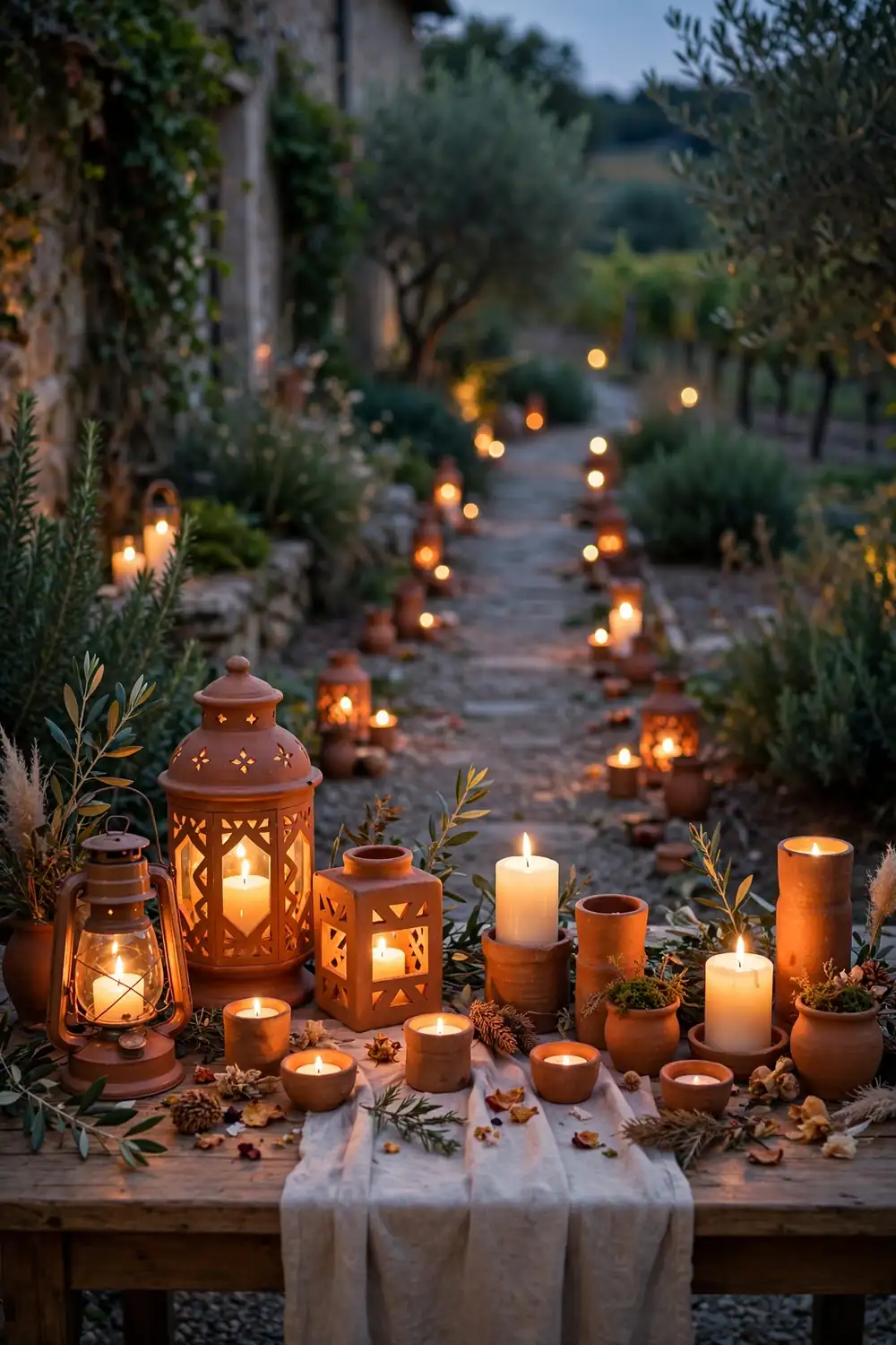 Terracotta clay lanterns and candle holders glowing at a wedding reception