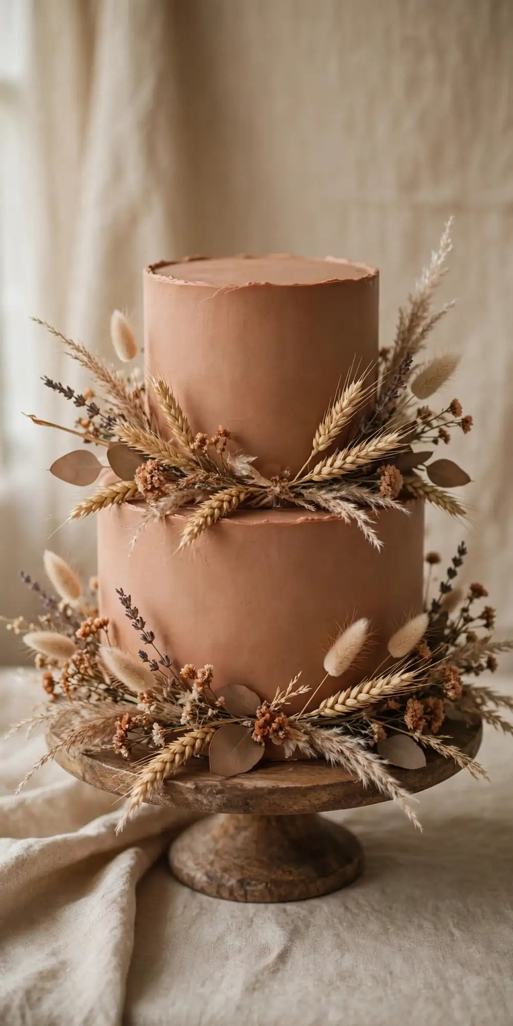 Terracotta wedding cake with dried flowers and wheat stalks
