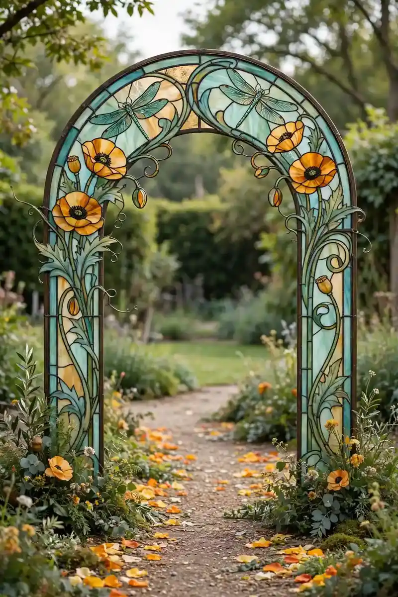 Tiffany-style floral stained glass wedding arch with dragonfly and Art Nouveau glass