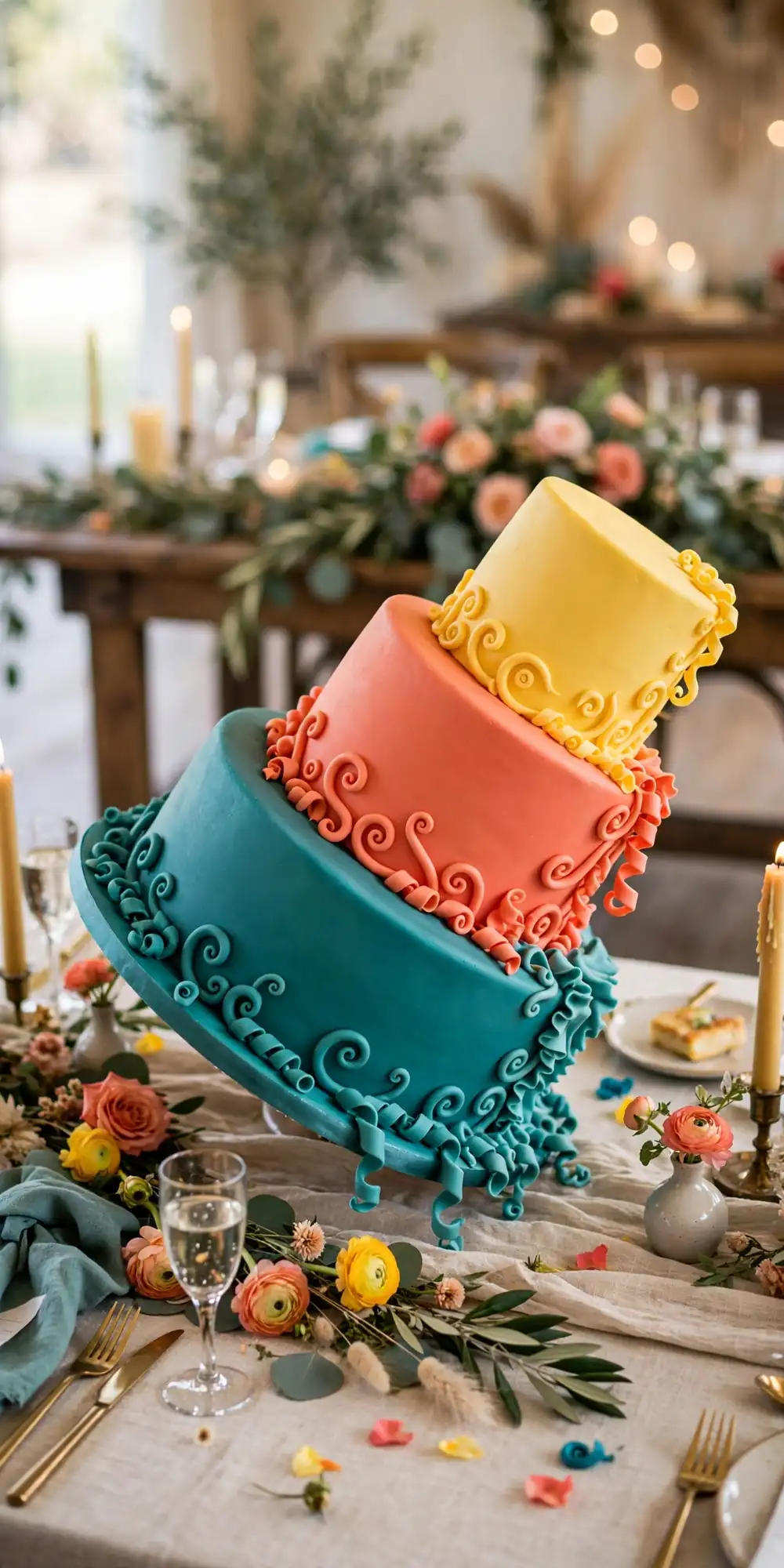 Topsy turvy tilted wedding cake with leaning colorful tiers