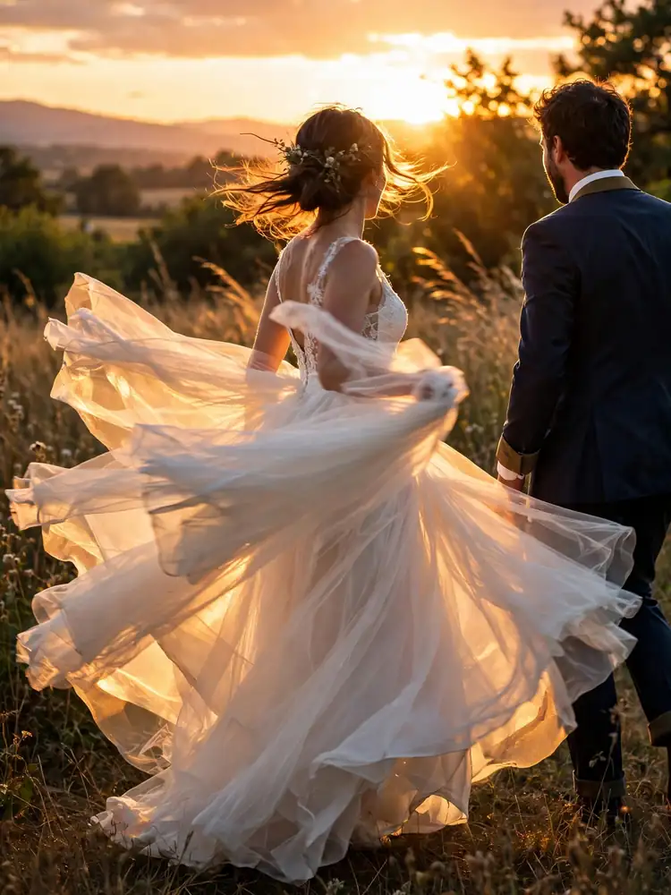 Bride twirl wedding pose at sunset