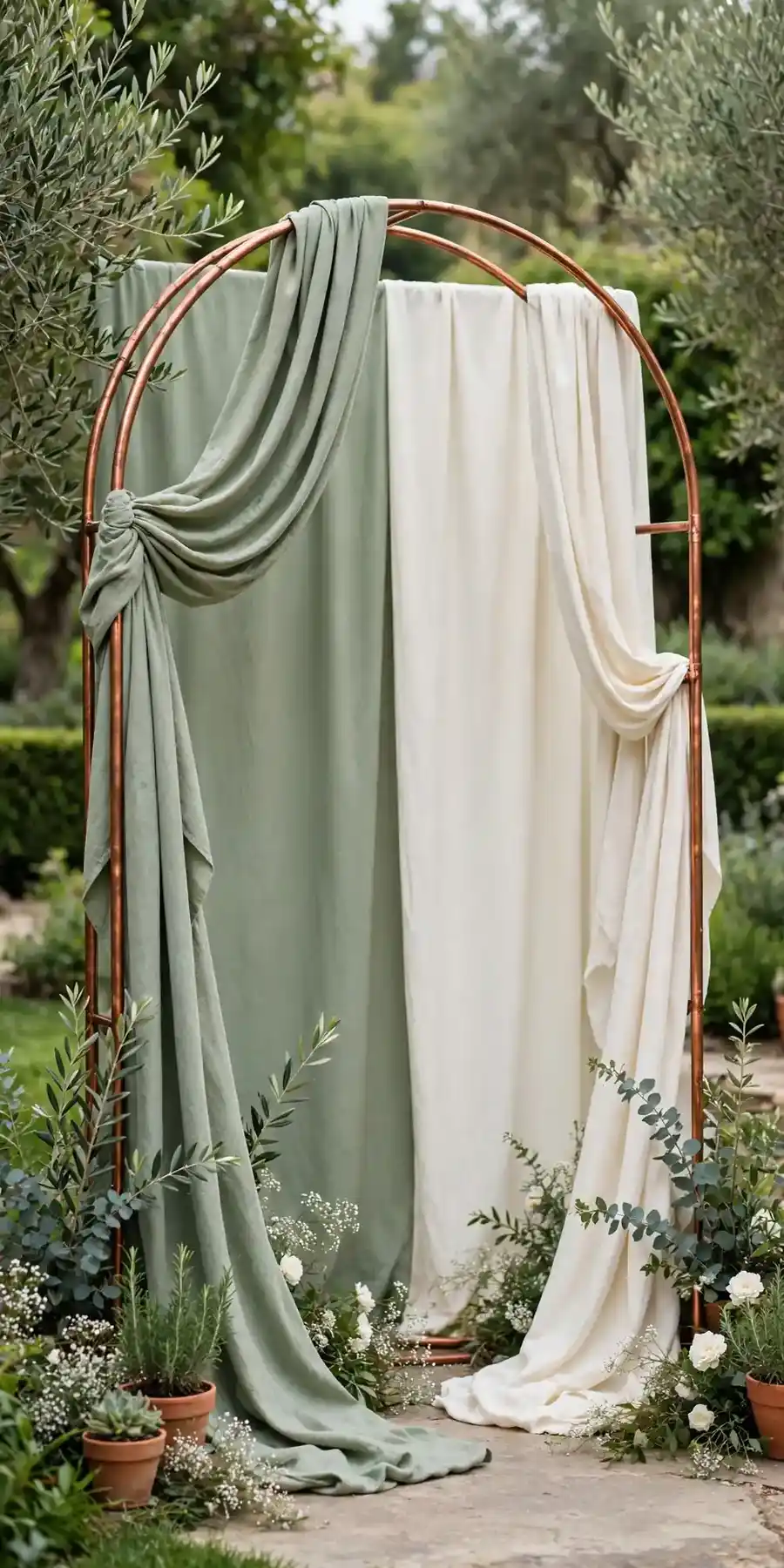 Two-tone draped copper arch in sage and ivory