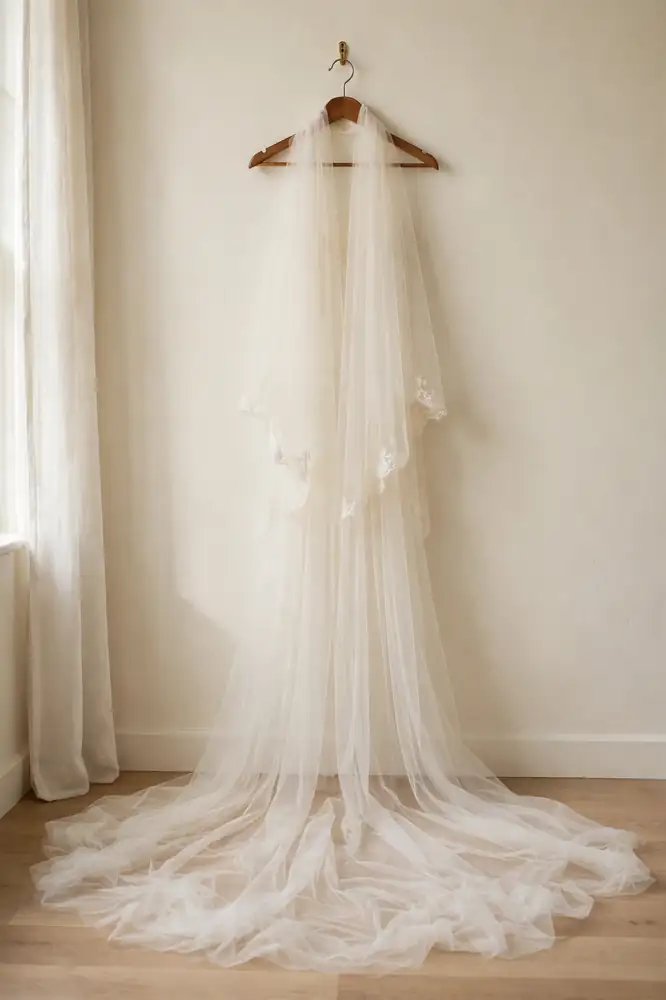 Cathedral-length ivory bridal veil draped over a wooden hanger with tulle trailing on the floor