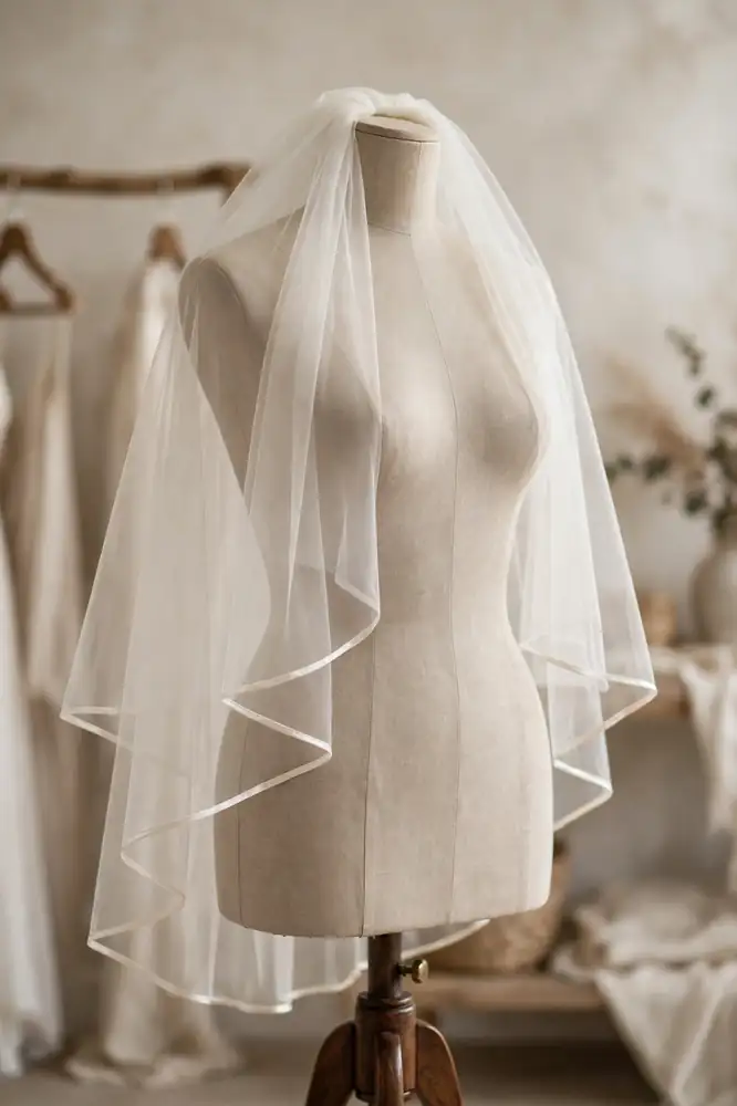 Elbow-length bridal veil draped over a dress form mannequin