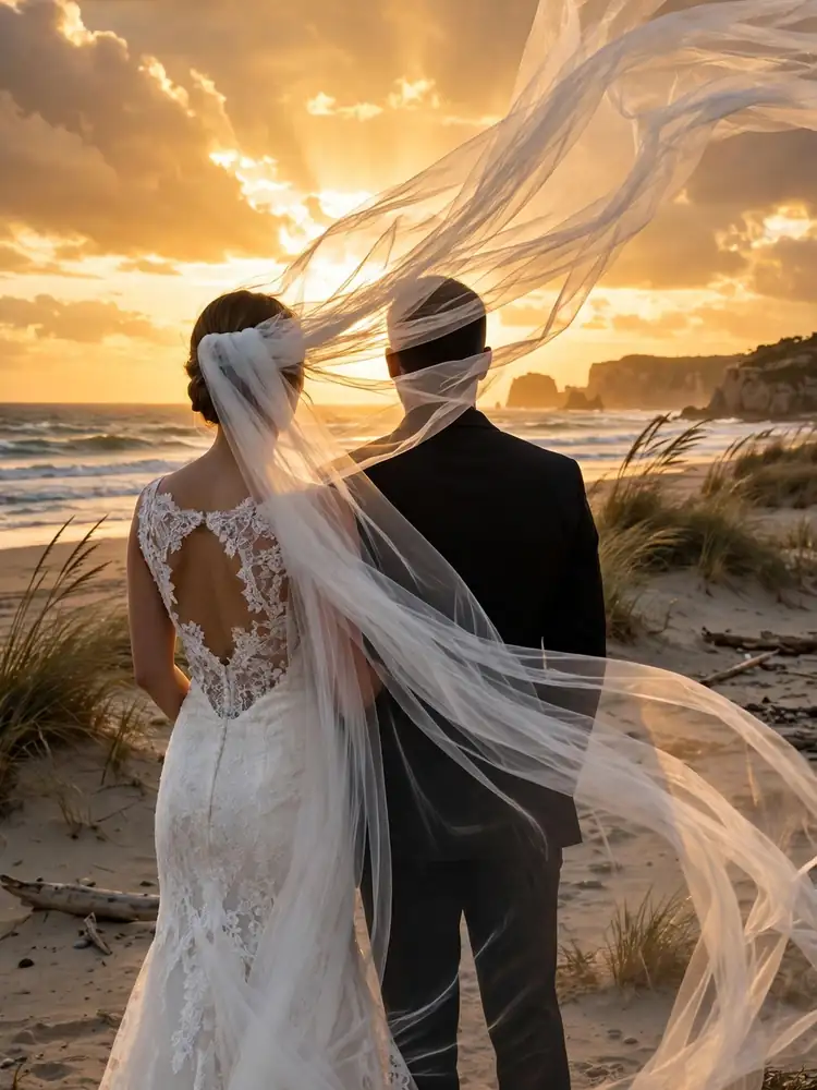 Veil in the wind wedding pose at sunset