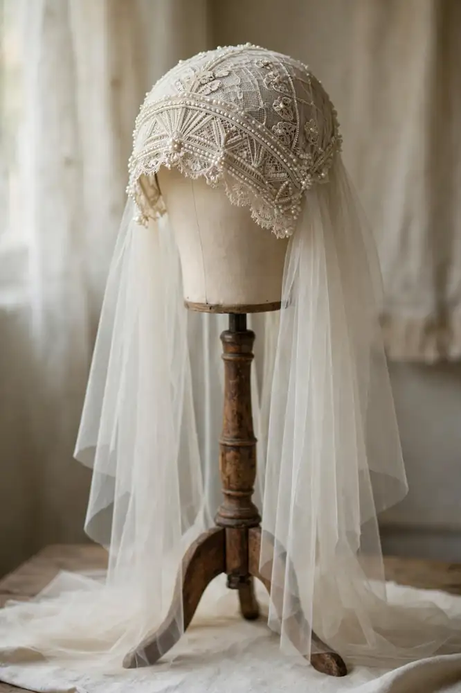 Juliet cap bridal veil with beaded lace cap on a display stand