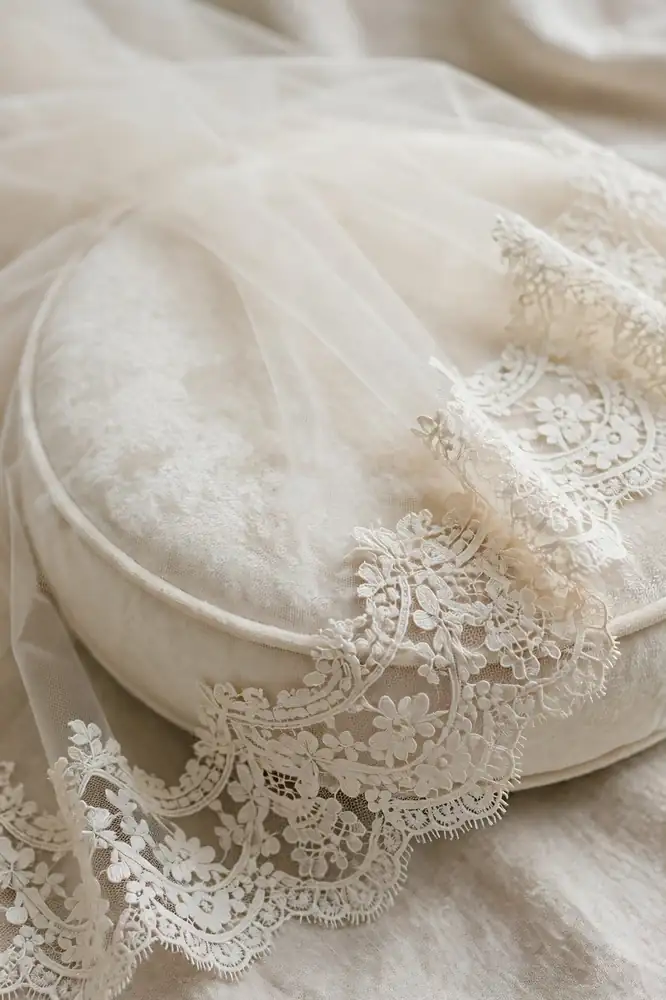 Mantilla bridal veil with wide ivory lace trim draped over a cushion