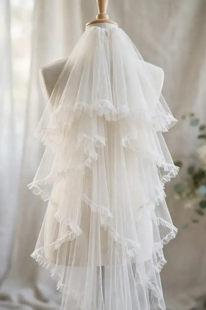 Waterfall bridal veil of layered tulle tiers on a display stand