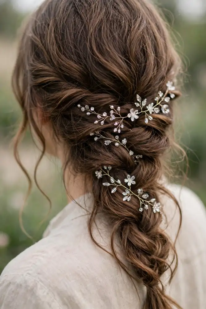 Delicate crystal hair vine woven through a loose side braid, back view
