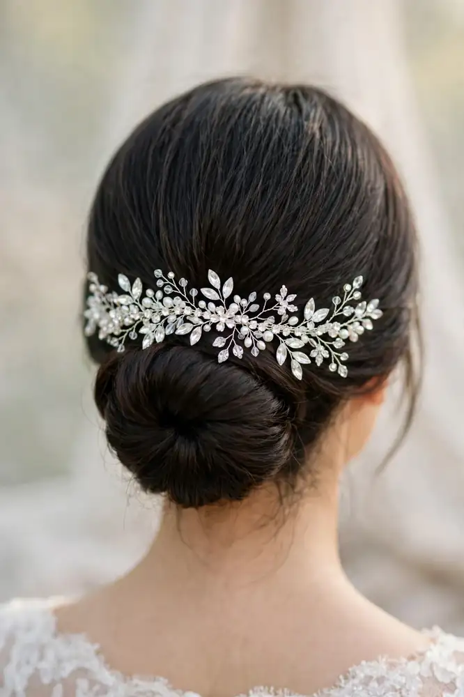 Wide crystal hair vine pinned across a low bridal bun, back view