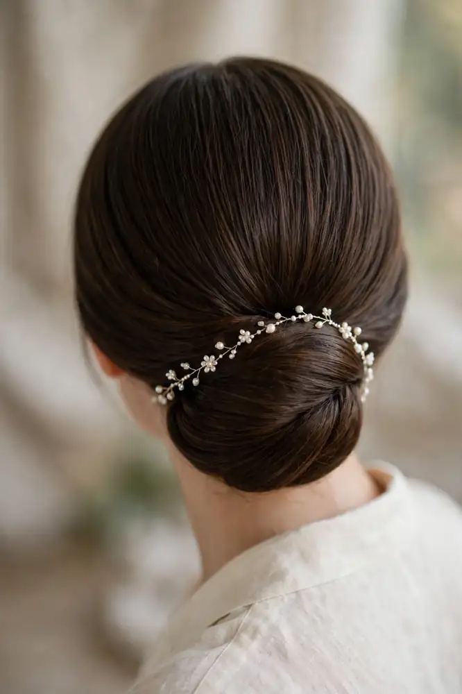 Thin pearl hair vine pinned along the edge of a sleek low chignon