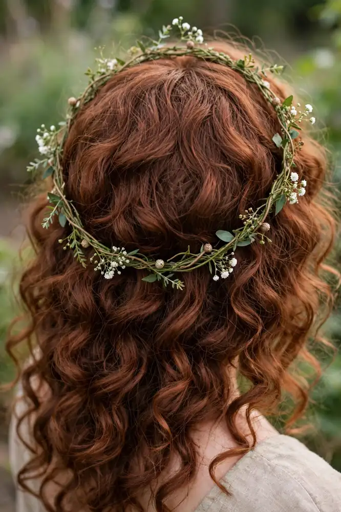 Halo hair vine arcing across the crown over voluminous curls, back view