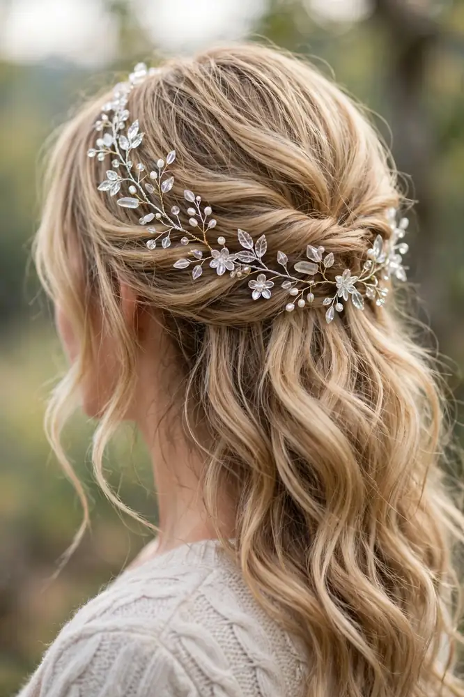 Crystal vine headband worn over half-up wavy hair, back view