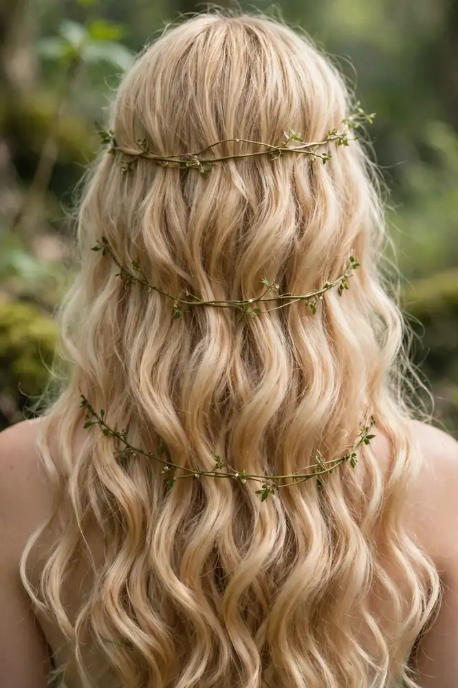 Three thin hair vines layered through long cascading waves, back view