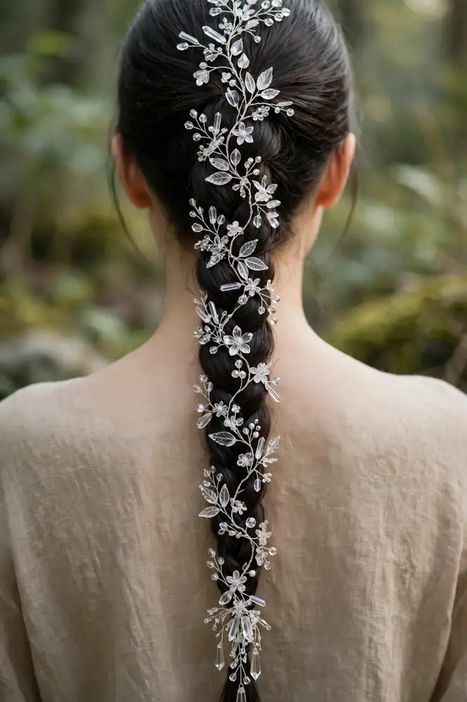 Crystal hair vine trailing down the full length of a long braid, back view