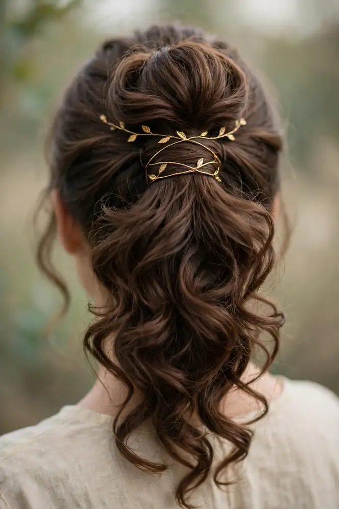 Two thin gold hair vines wrapped around the base of a high curled ponytail