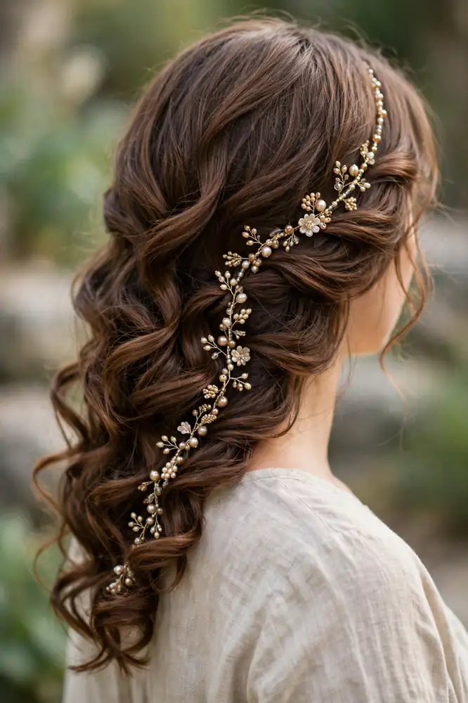 Beaded hair vine pinned along curls swept over one shoulder