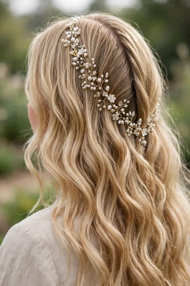 Beaded hair vine pinned along a deep side part over loose waves