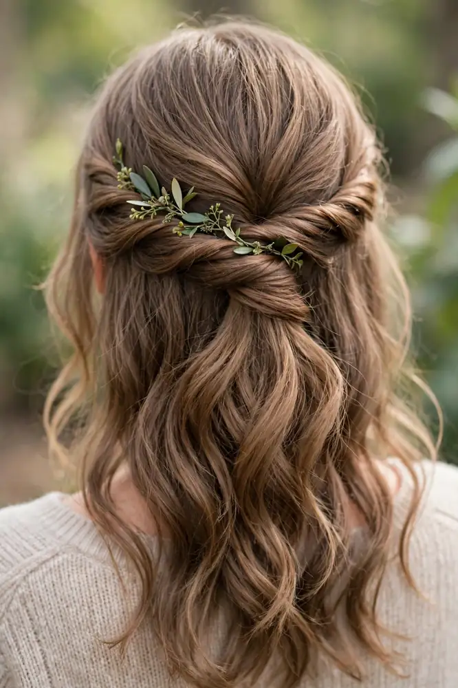Small leaf hair vine along the seam of a twisted half-up hairstyle