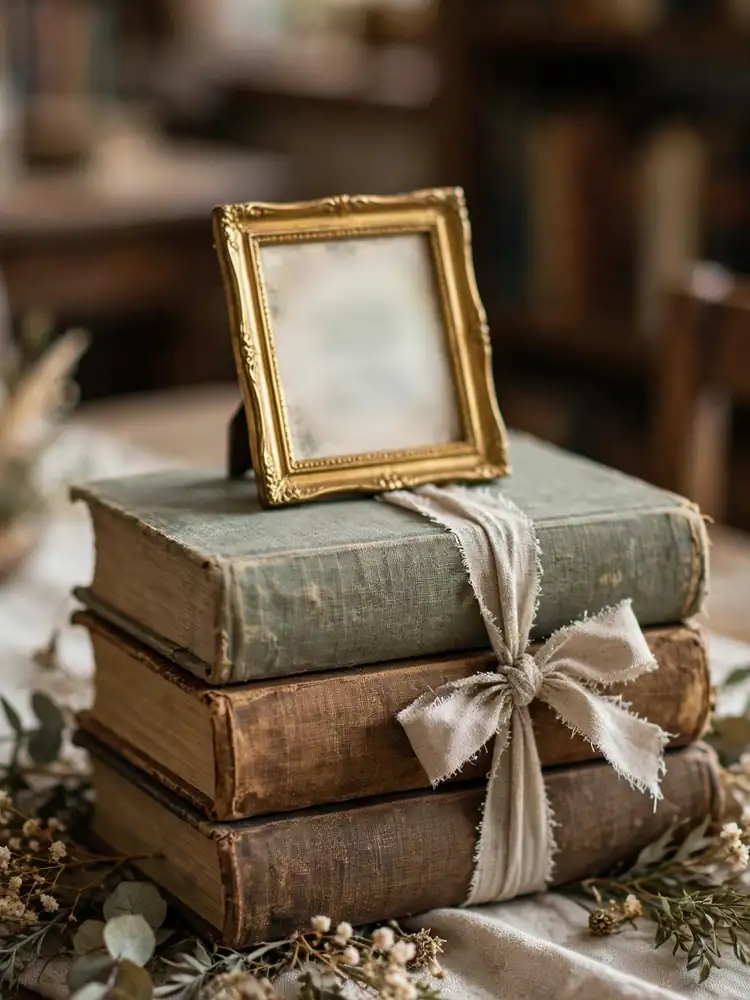 Vintage book stack DIY wedding table number