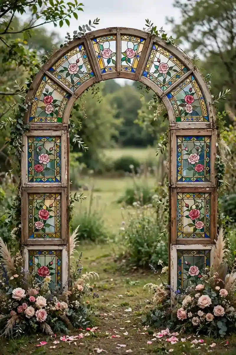 Vintage window panes painted to look like stained glass wedding arch