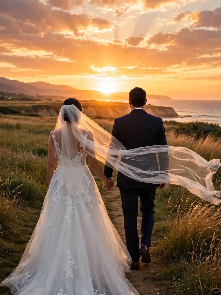 Couple walking away hand in hand at sunset
