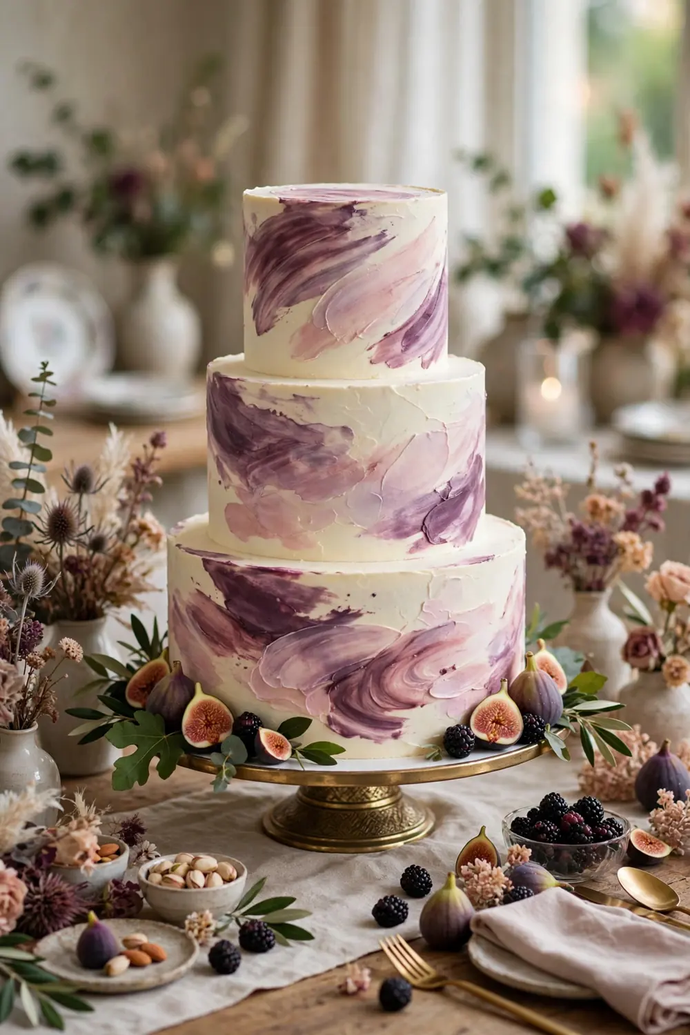 Watercolor plum wedding cake
