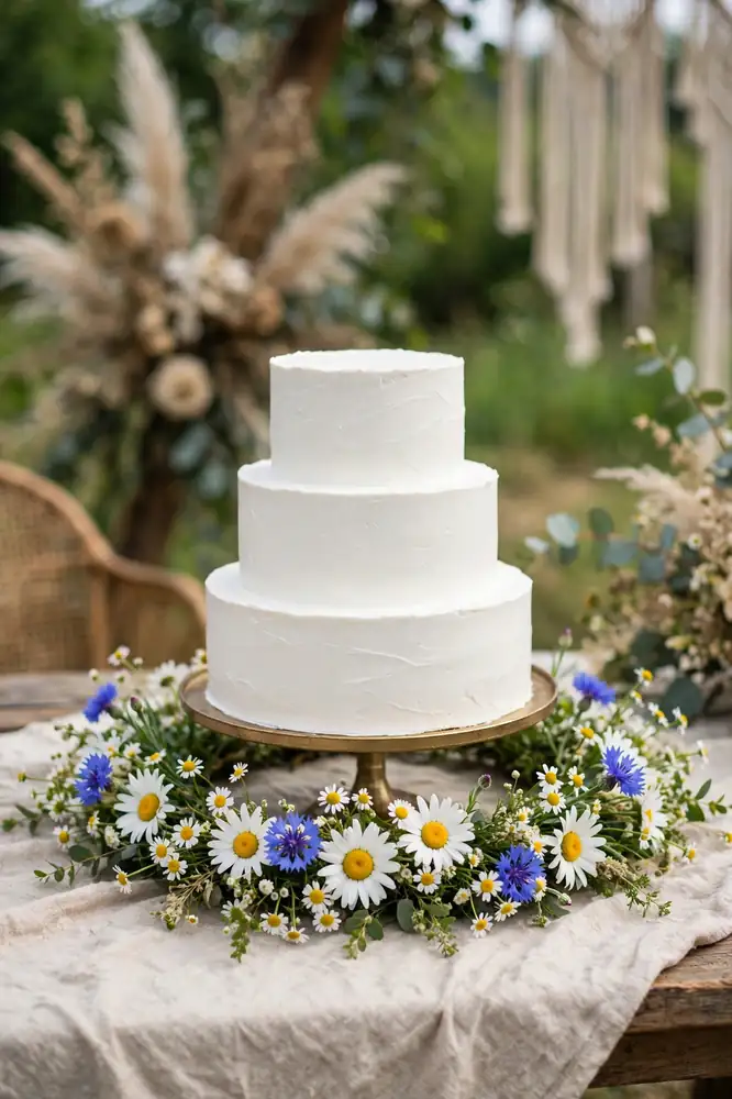 Wedding cake ringed with wildflowers
